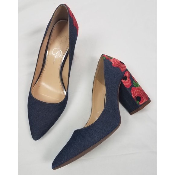 Jessica Simpson Women's Sz. 7.5  Lannah Chambray Floral Embroidered Block Heels - Picture 2 of 8